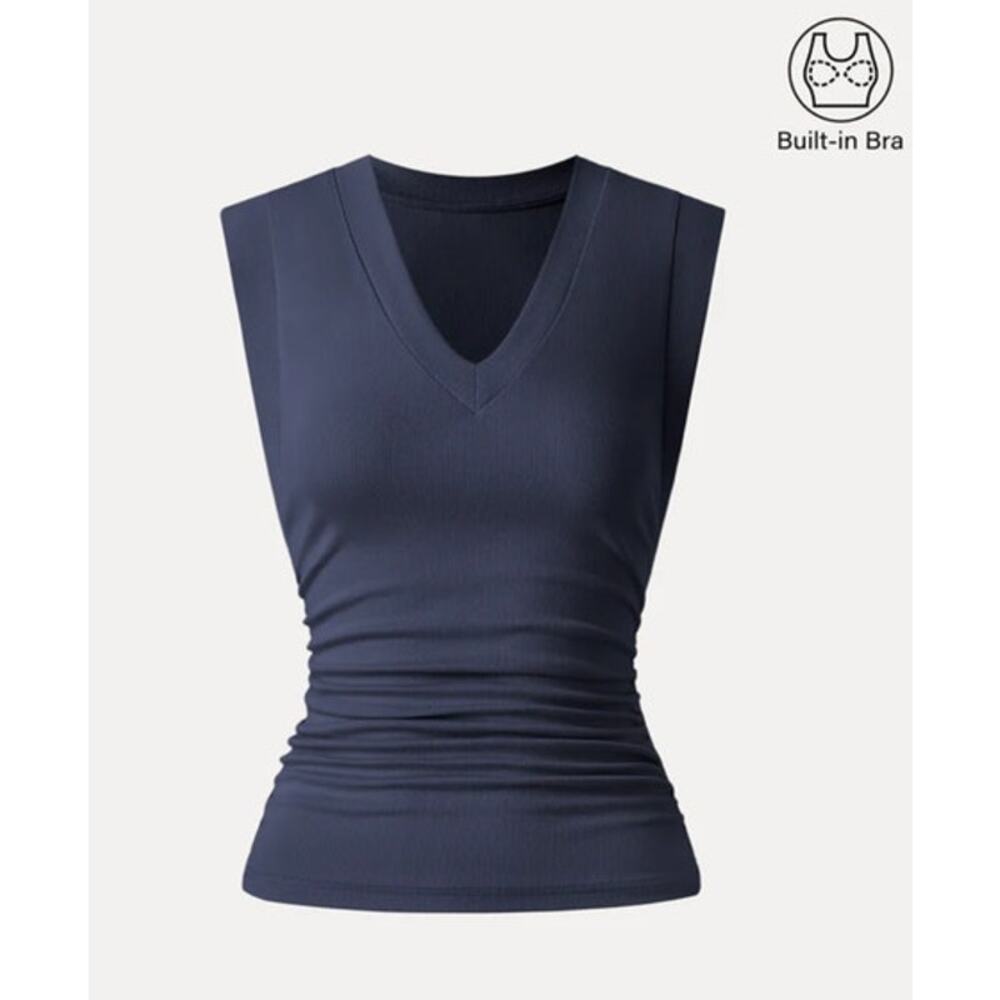 OGL Top Size M NEW Navy Blue Stretch Cotton V-neck Side Ruched Muscle Brami